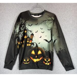 SSLR Sweater Mens‎ Small Black Halloween Pumpkin Haunted House Crewneck Pullover
